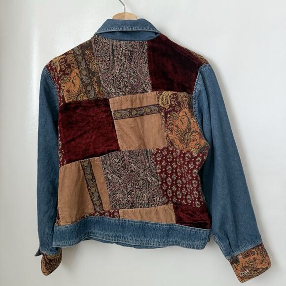 Out Of The Blue J Jill Patchwork Velvet Tapestry Denim Jean Mixed Media Jacket M - Picture 2 of 6